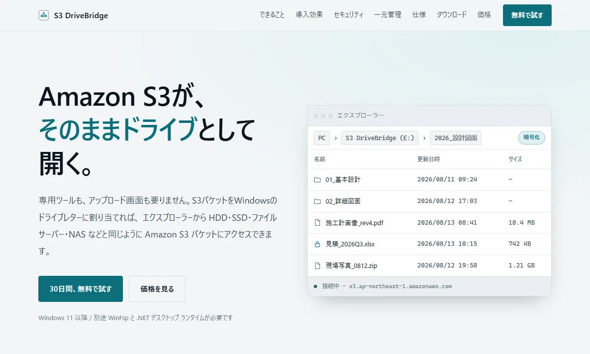 S3 DriveBridge の製品ページの冒頭。エクスプローラーで S3 のバケットをドライブとして開いている様子の図