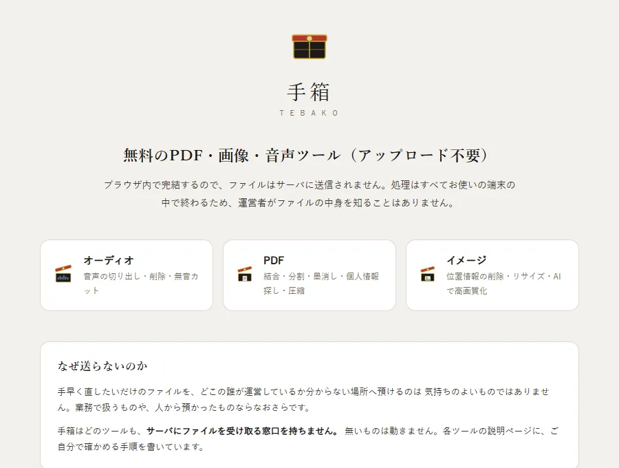 手箱のトップページ。オーディオ・PDF・イメージの3つのツールが並んでいる